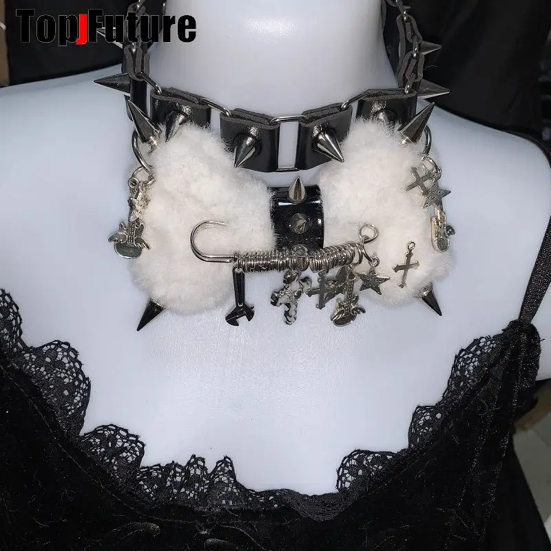 Women Y2K Girl Customize Harajuku Gothic Punk Necklace Short Necklace Spiker Studded Chokers Furry Choker Hip Hop Jewelry Collar