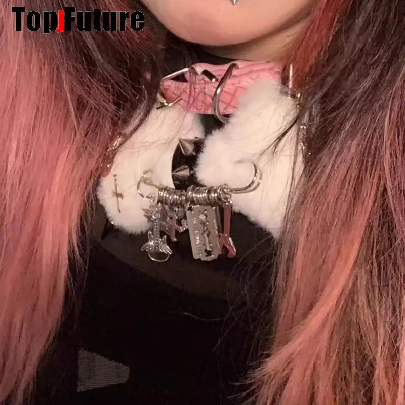 Women Y2K Girl Customize Harajuku Gothic Punk Necklace Short Necklace Spiker Studded Chokers Furry Choker Hip Hop Jewelry Collar