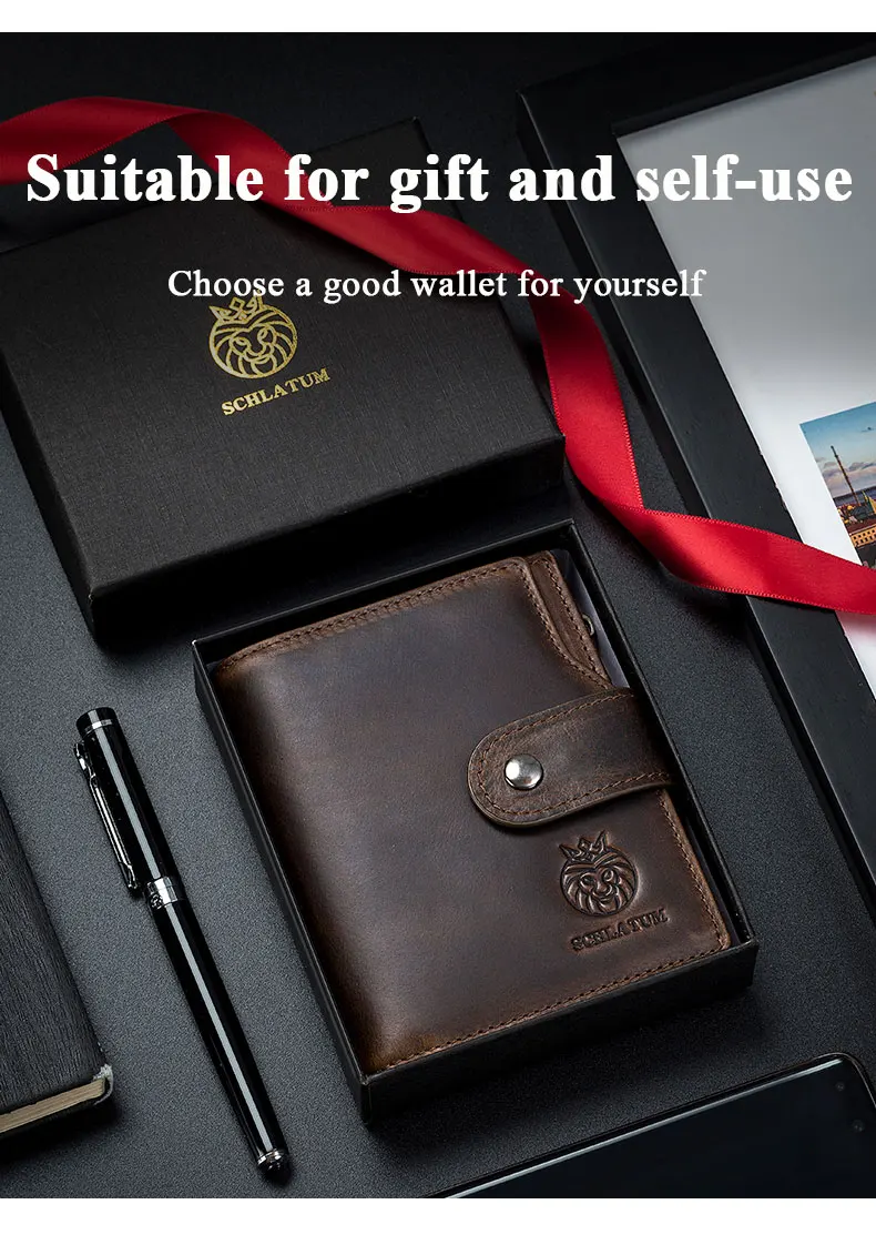 SCHLATUM Genuine Leather Men Business Wallet RFID Men Card Id Holder Coin Purse Travel Wallet  Anti-theft Swipe