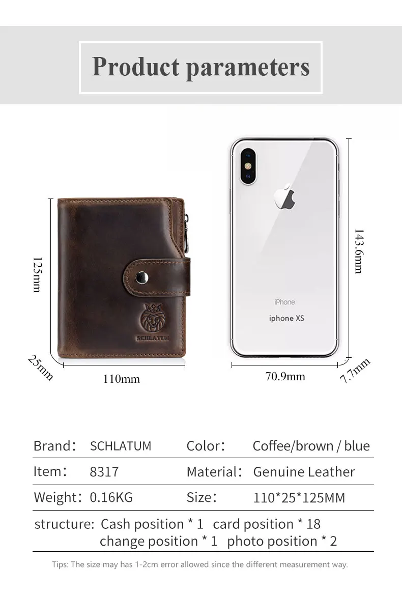 SCHLATUM Genuine Leather Men Business Wallet RFID Men Card Id Holder Coin Purse Travel Wallet  Anti-theft Swipe