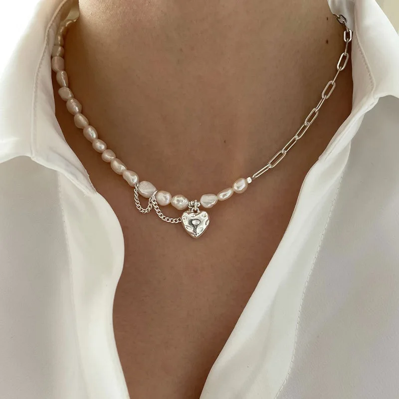 925 Silver Sweet Pearl Love Necklace For Women Fashion Heavy Industry Chain Choker Necklace Jewelry