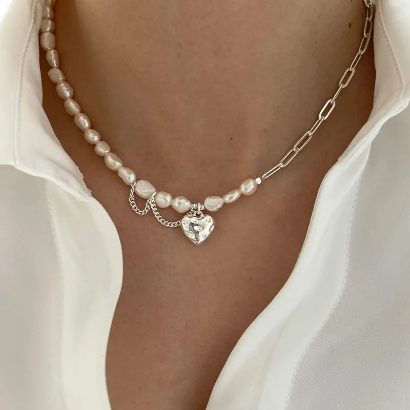 925 Silver Sweet Pearl Love Necklace For Women Fashion Heavy Industry Chain Choker Necklace Jewelry