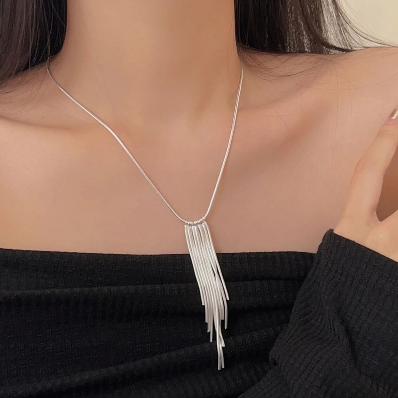 New S925 Silver Sparkling Long Choker Snake Bone Chain Tassel necklace For Women Simple Party Fine Jewelry Gift Wholesale
