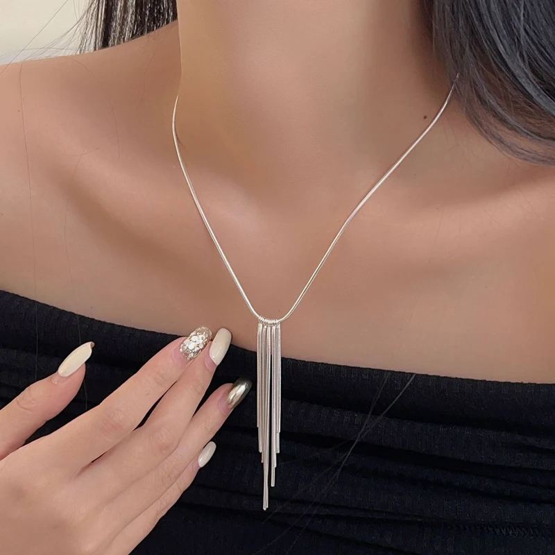 New S925 Silver Sparkling Long Choker Snake Bone Chain Tassel necklace For Women Simple Party Fine Jewelry Gift Wholesale