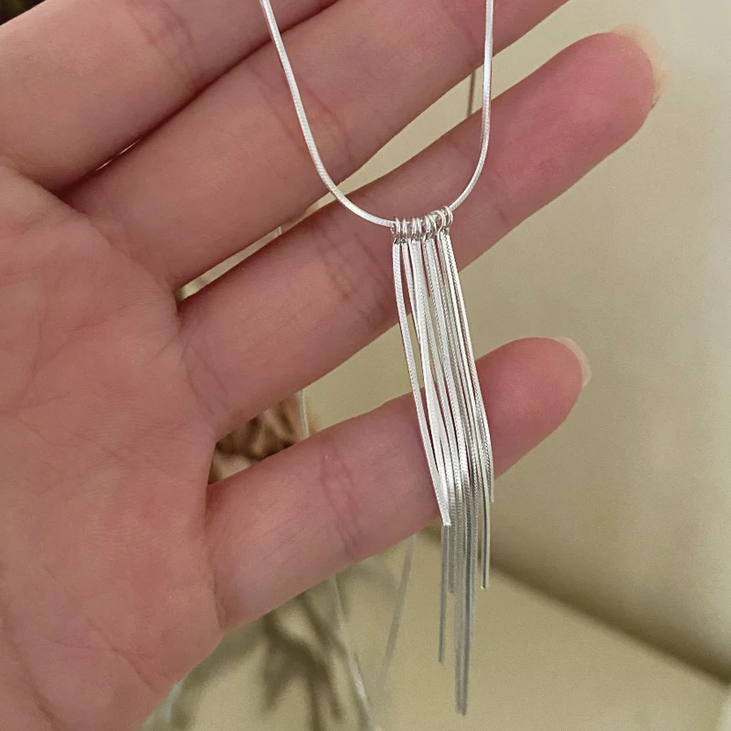 New S925 Silver Sparkling Long Choker Snake Bone Chain Tassel necklace For Women Simple Party Fine Jewelry Gift Wholesale