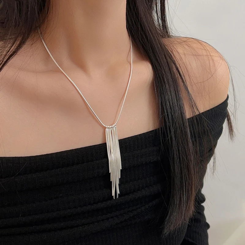 New S925 Silver Sparkling Long Choker Snake Bone Chain Tassel necklace For Women Simple Party Fine Jewelry Gift Wholesale