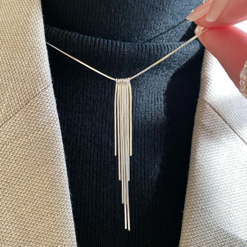 New S925 Silver Sparkling Long Choker Snake Bone Chain Tassel necklace For Women Simple Party Fine Jewelry Gift Wholesale