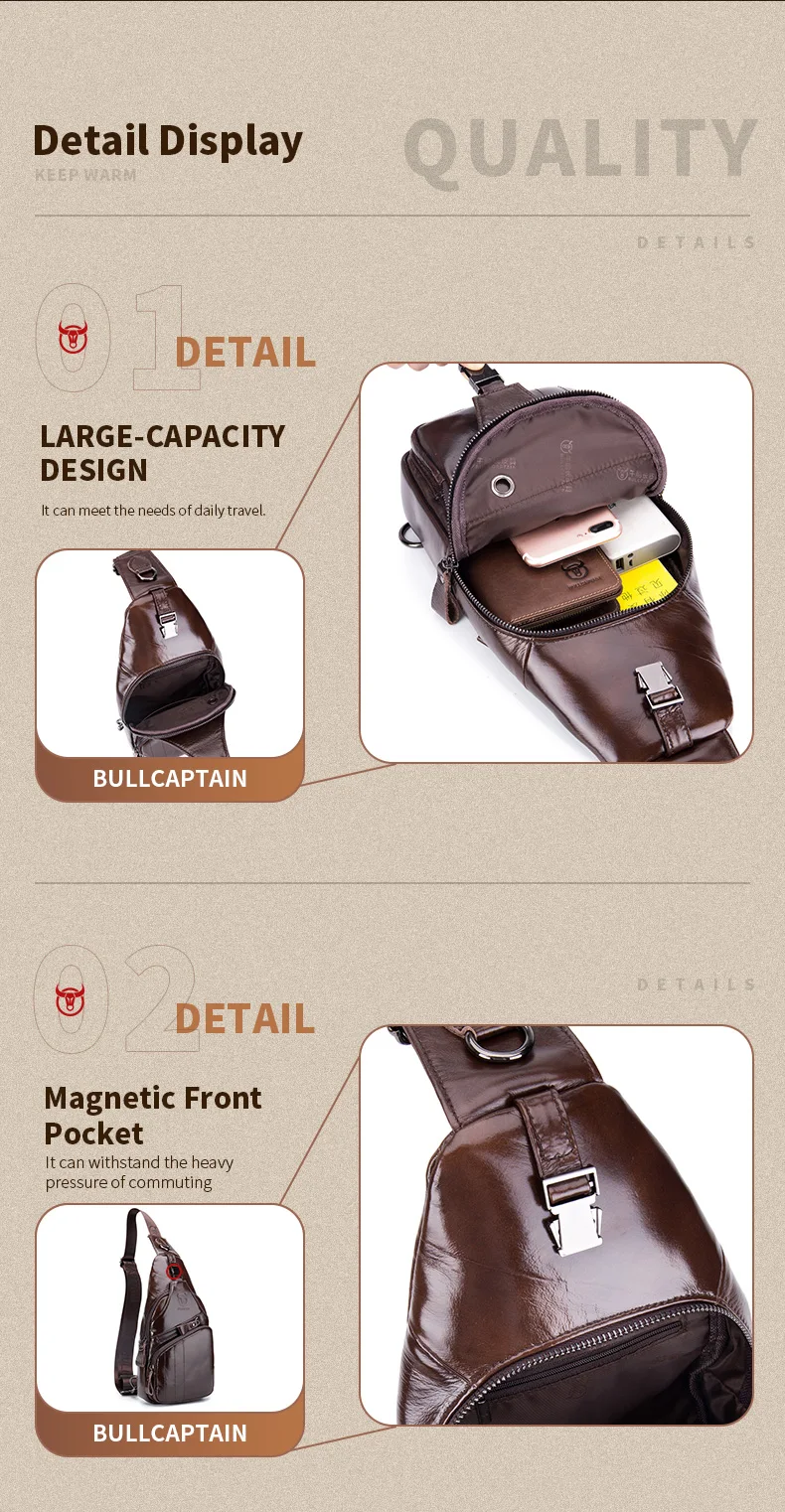 BULLCAPTAIN Bag Genuine Leather Chest Bag Men's Fashion Style Casual Straddle Bag Business Large Capacity Leather Men's Luggage