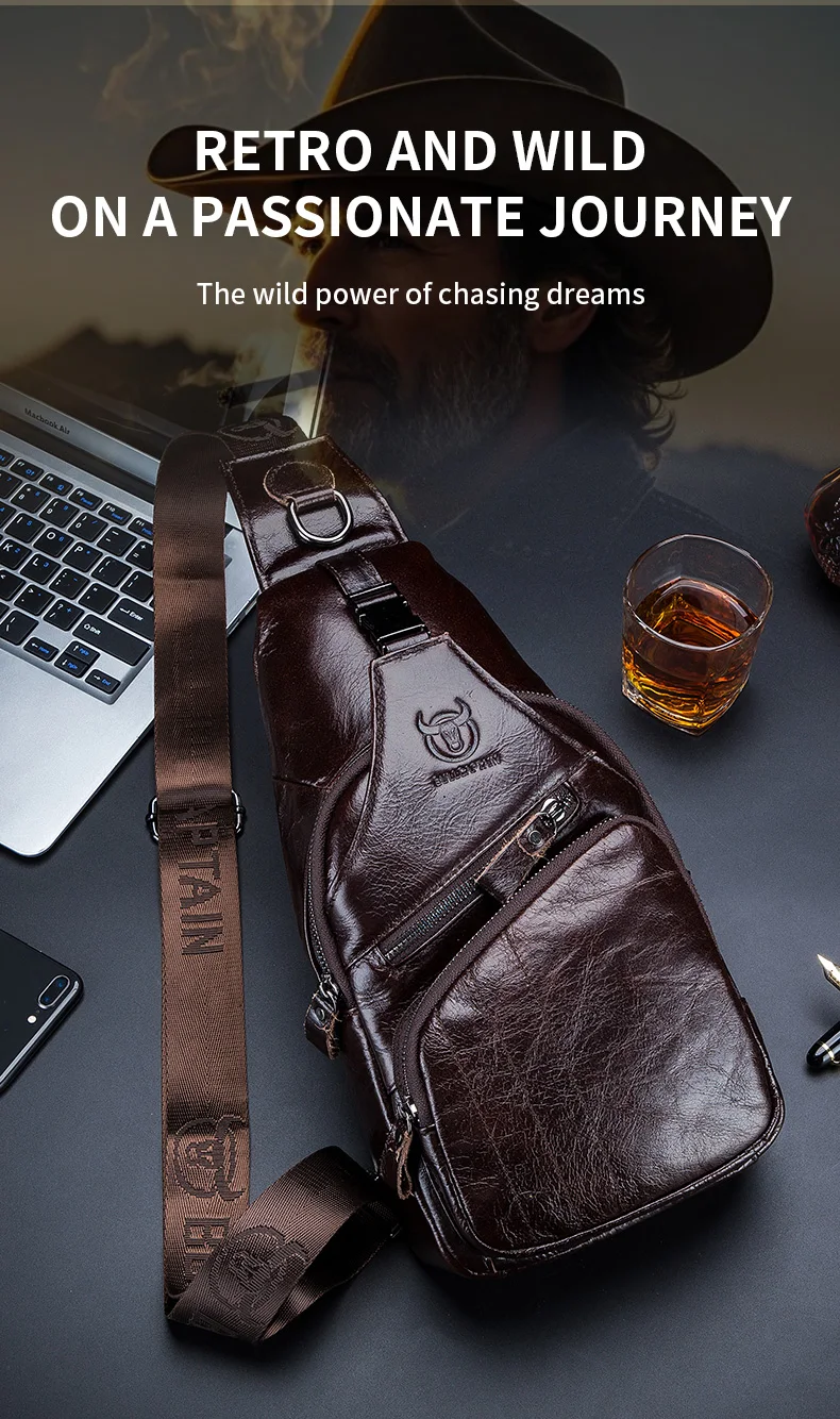 BULLCAPTAIN Bag Genuine Leather Chest Bag Men's Fashion Style Casual Straddle Bag Business Large Capacity Leather Men's Luggage
