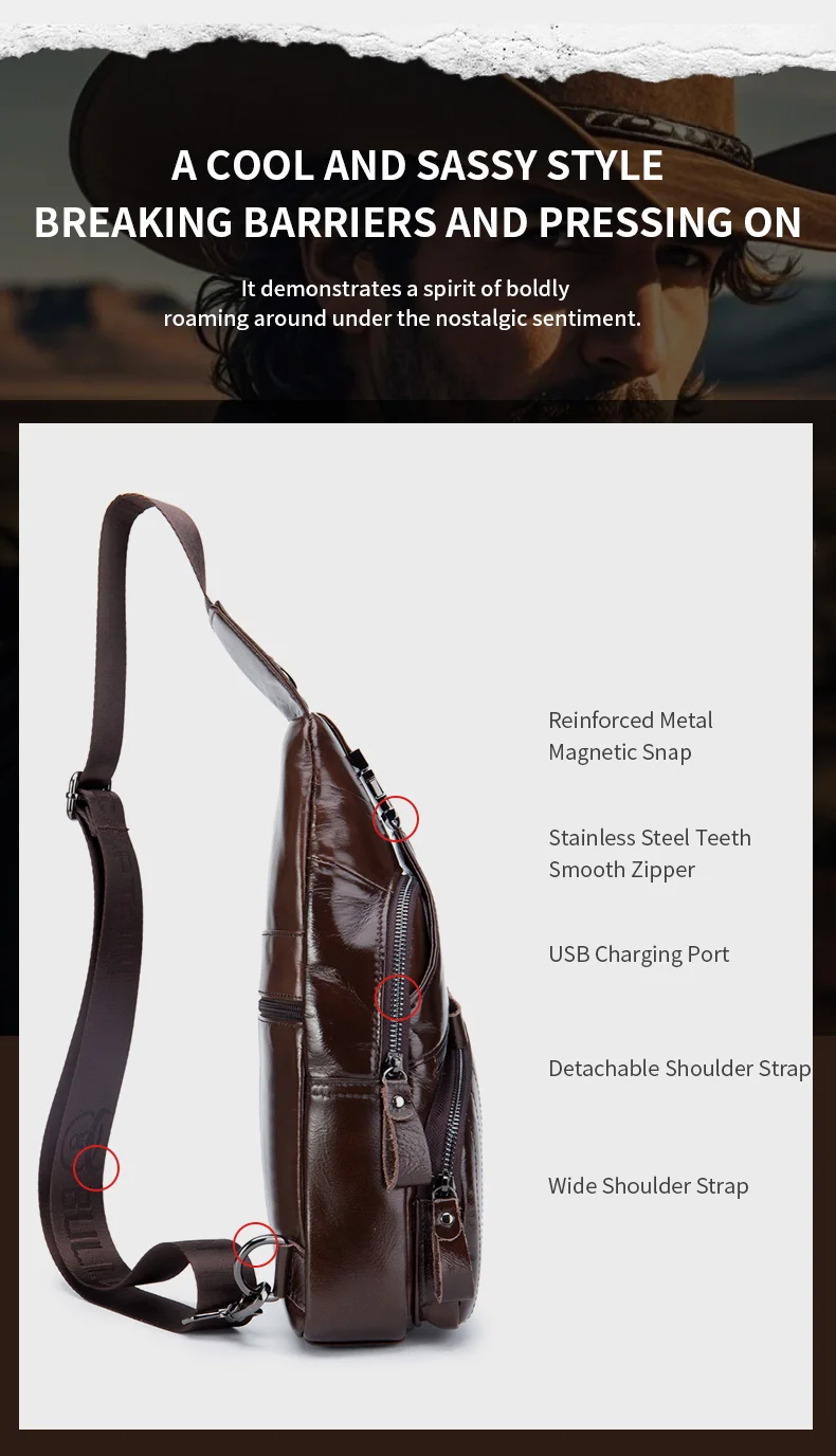 BULLCAPTAIN Bag Genuine Leather Chest Bag Men's Fashion Style Casual Straddle Bag Business Large Capacity Leather Men's Luggage