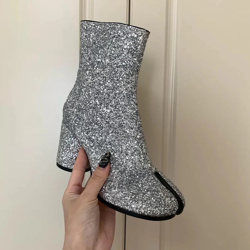 2026 Luxury Brand Design Leather Tabi Boots Fashion Round Chunky High Heel Ankle Boots For Women Autumn Winter Split Toe Shoes