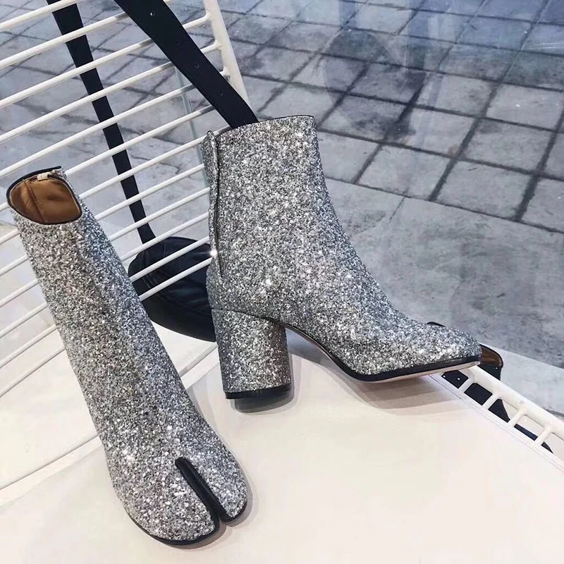 2026 Luxury Brand Design Leather Tabi Boots Fashion Round Chunky High Heel Ankle Boots For Women Autumn Winter Split Toe Shoes