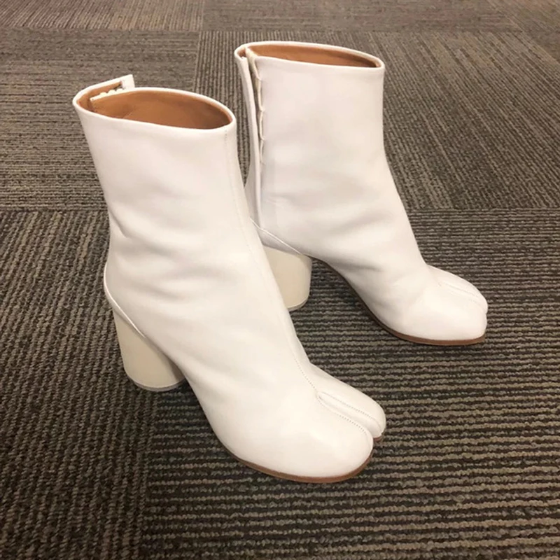 2026 Luxury Brand Design Leather Tabi Boots Fashion Round Chunky High Heel Ankle Boots For Women Autumn Winter Split Toe Shoes