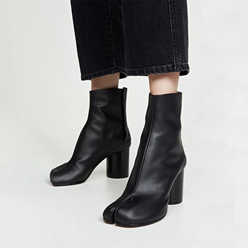 2026 Luxury Brand Design Leather Tabi Boots Fashion Round Chunky High Heel Ankle Boots For Women Autumn Winter Split Toe Shoes