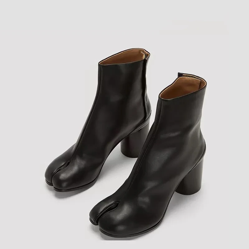 2026 Luxury Brand Design Leather Tabi Boots Fashion Round Chunky High Heel Ankle Boots For Women Autumn Winter Split Toe Shoes