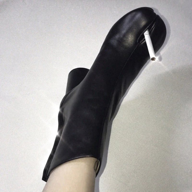 2026 Luxury Brand Design Leather Tabi Boots Fashion Round Chunky High Heel Ankle Boots For Women Autumn Winter Split Toe Shoes