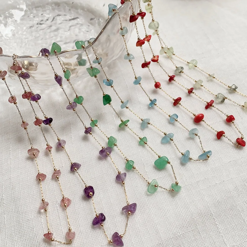 Chip Bead Charm Natural Stone Necklace Stainless Steel Tiny Chain Irregular Pink Quartz Amethysts Citrines Purple Crystal Choker