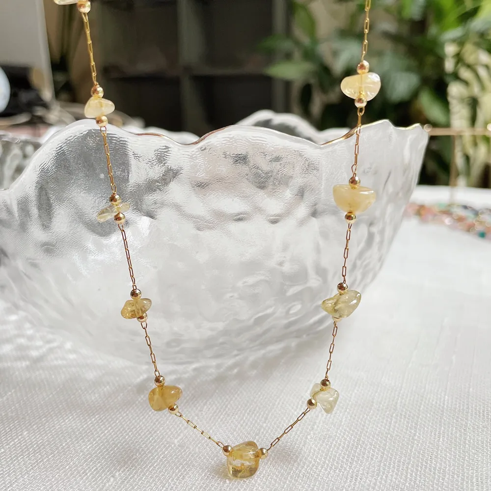 Chip Bead Charm Natural Stone Necklace Stainless Steel Tiny Chain Irregular Pink Quartz Amethysts Citrines Purple Crystal Choker