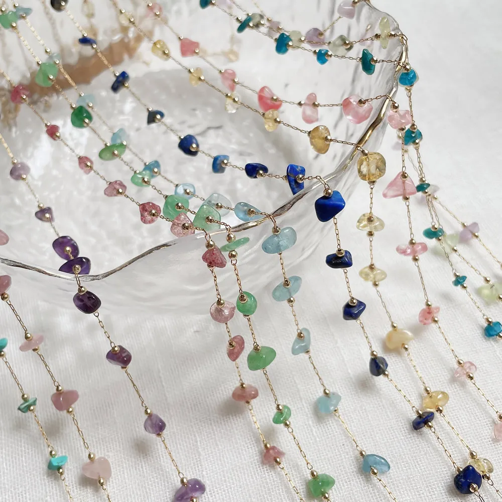 Chip Bead Charm Natural Stone Necklace Stainless Steel Tiny Chain Irregular Pink Quartz Amethysts Citrines Purple Crystal Choker