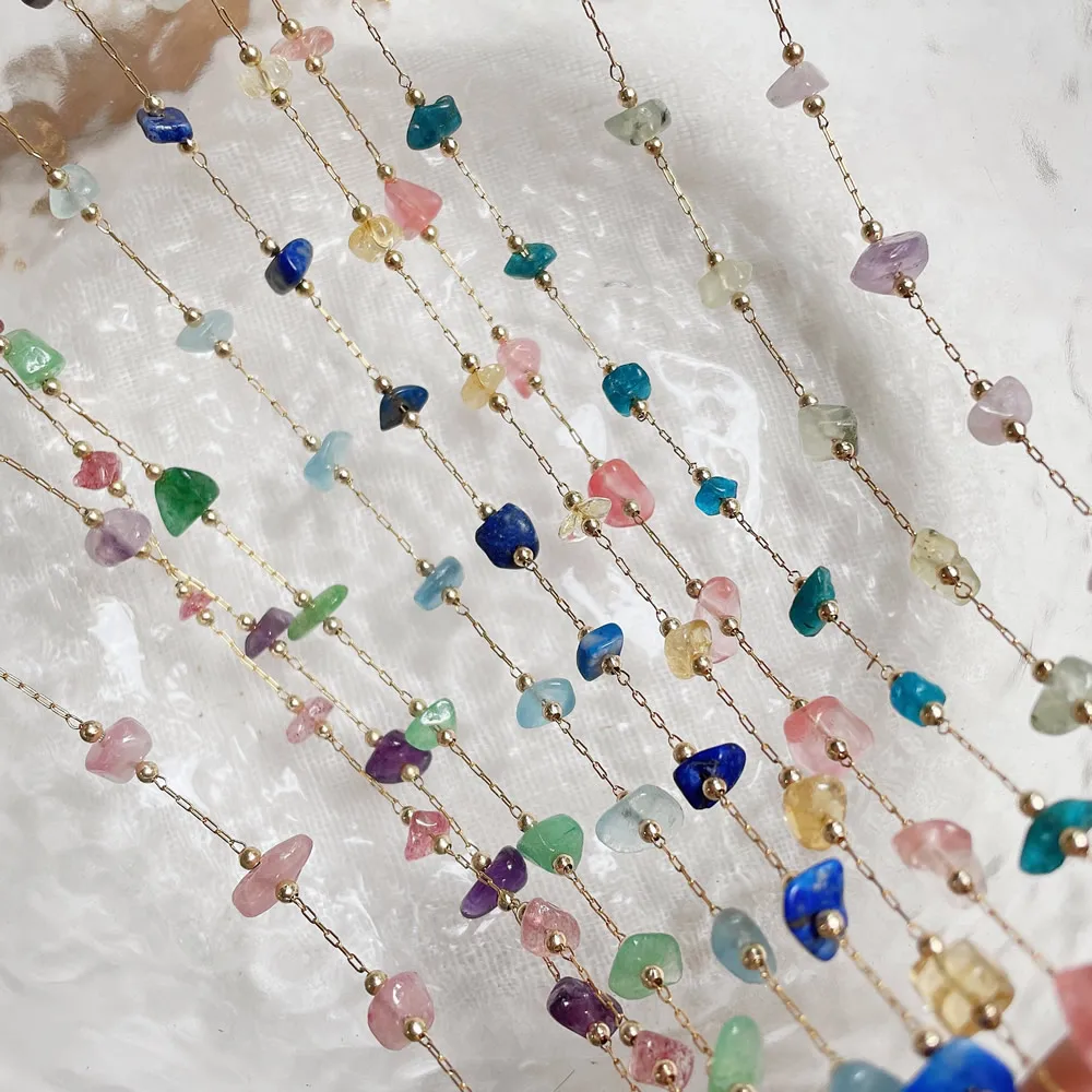 Chip Bead Charm Natural Stone Necklace Stainless Steel Tiny Chain Irregular Pink Quartz Amethysts Citrines Purple Crystal Choker