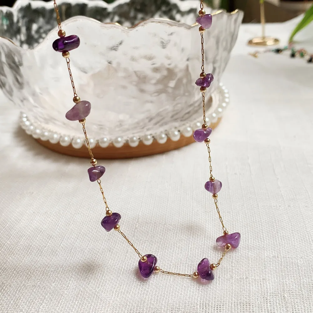 Chip Bead Charm Natural Stone Necklace Stainless Steel Tiny Chain Irregular Pink Quartz Amethysts Citrines Purple Crystal Choker