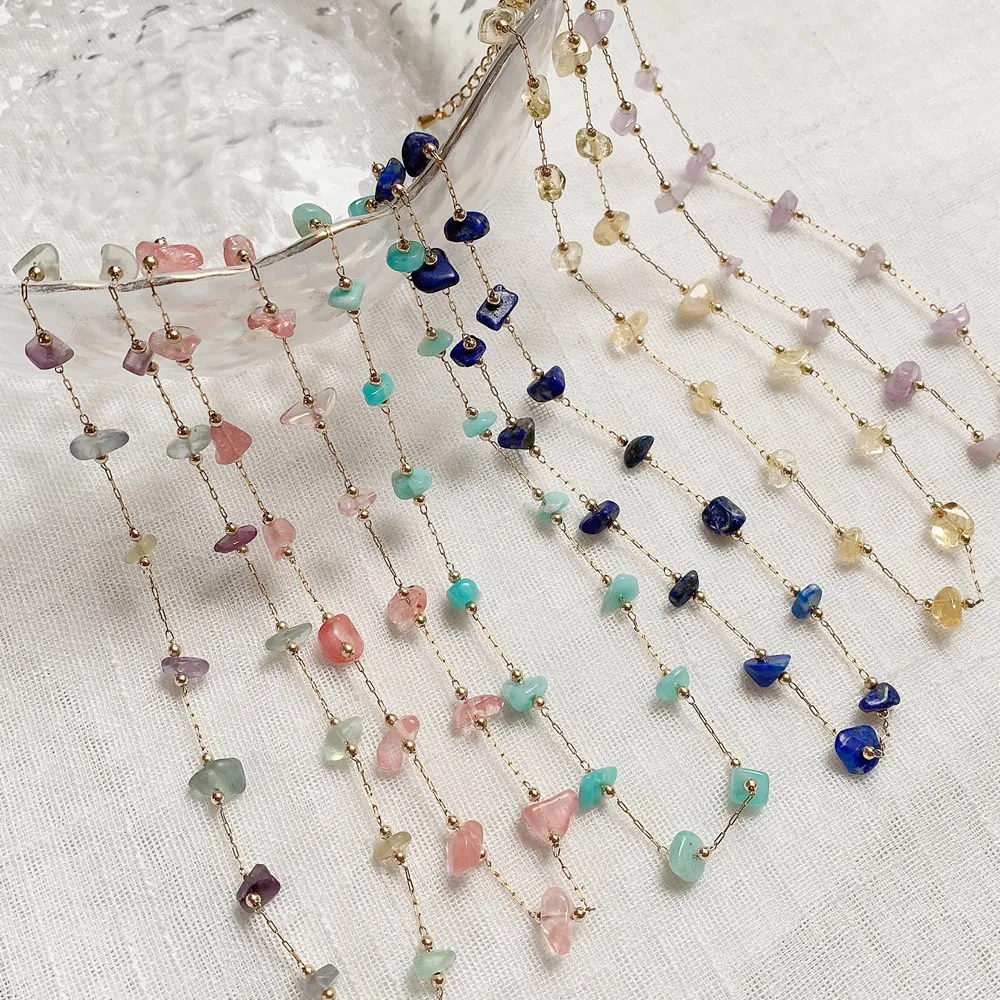 Chip Bead Charm Natural Stone Necklace Stainless Steel Tiny Chain Irregular Pink Quartz Amethysts Citrines Purple Crystal Choker