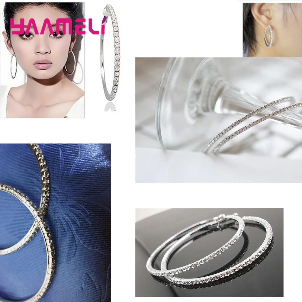 4pair Mix Fashion Women Hoop Earrings 925 Sterling Silver Austrian Crystal Cubic Zircon Circle Ear Brinco Pendientes 30-80mm
