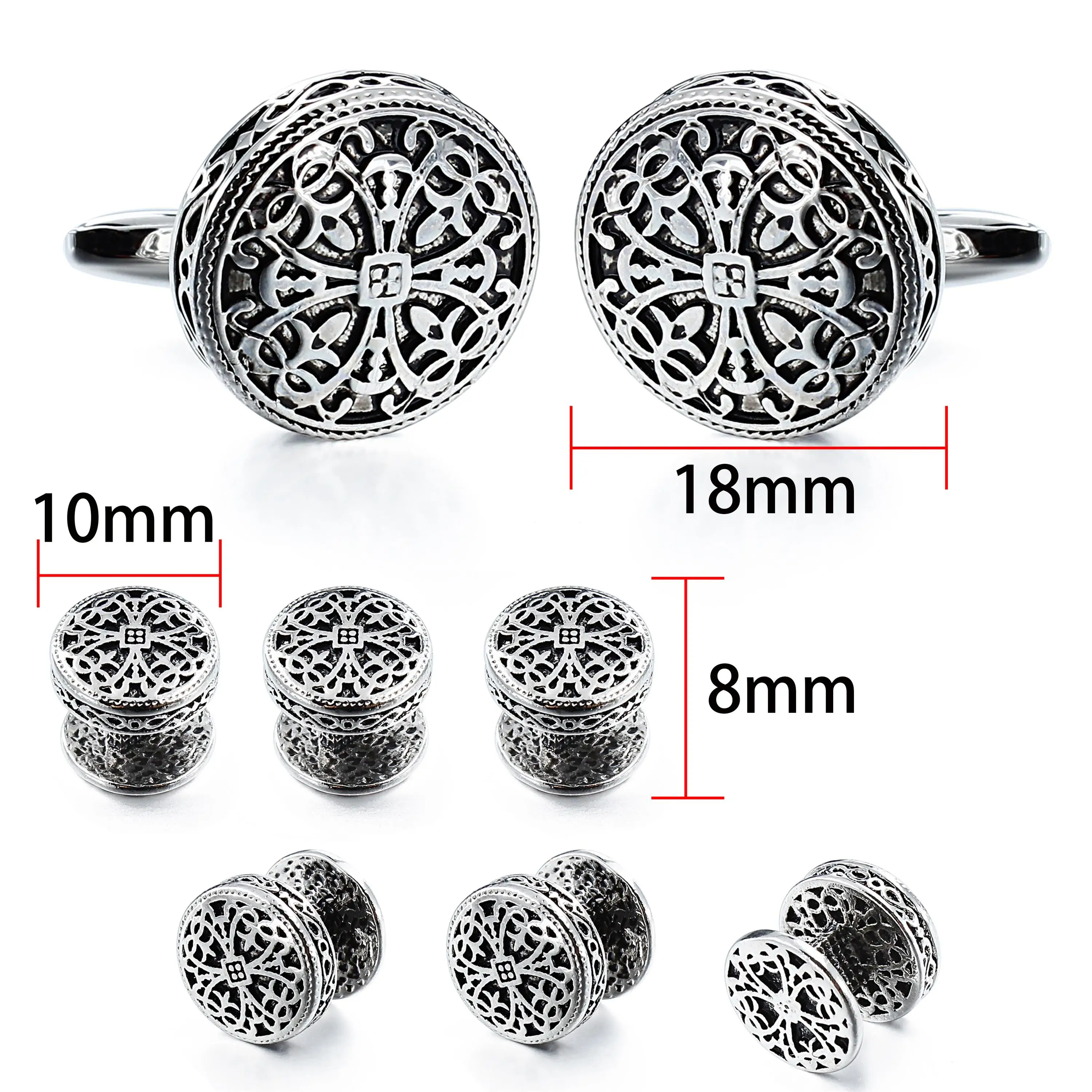 Antique Gold Silver Cufflinks and Tuxedo Studs Set Vintage Enamel Hollow Royal Pattern High End Mens Jewelry Gifts for Wedding