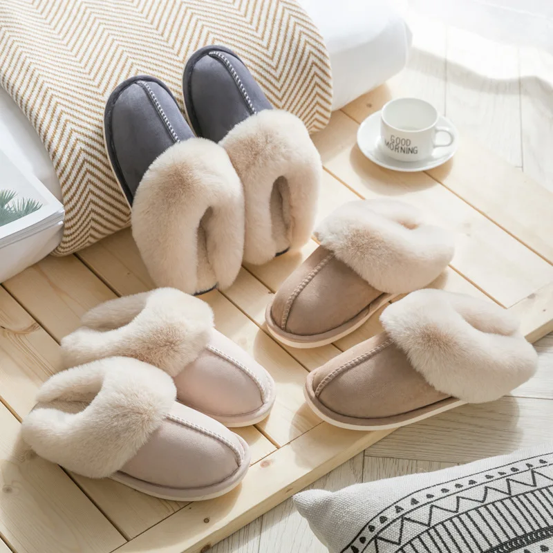 2025 Winter Warm Home Fur Slippers Women Luxury Faux Suede Plush Couple Cotton Shoes Indoor Bedroom Flat Heels Fluffy Slippers