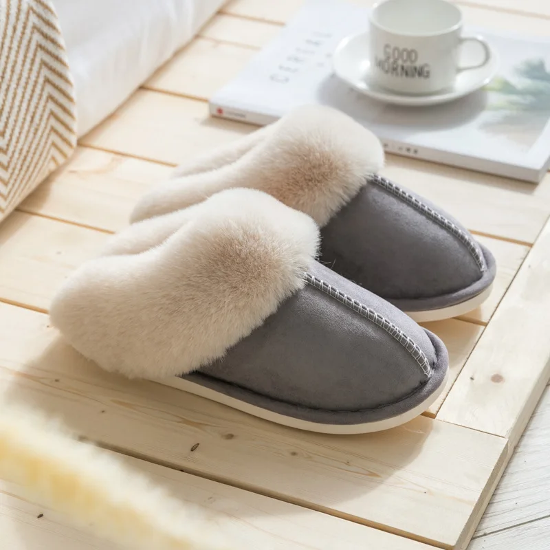 2025 Winter Warm Home Fur Slippers Women Luxury Faux Suede Plush Couple Cotton Shoes Indoor Bedroom Flat Heels Fluffy Slippers