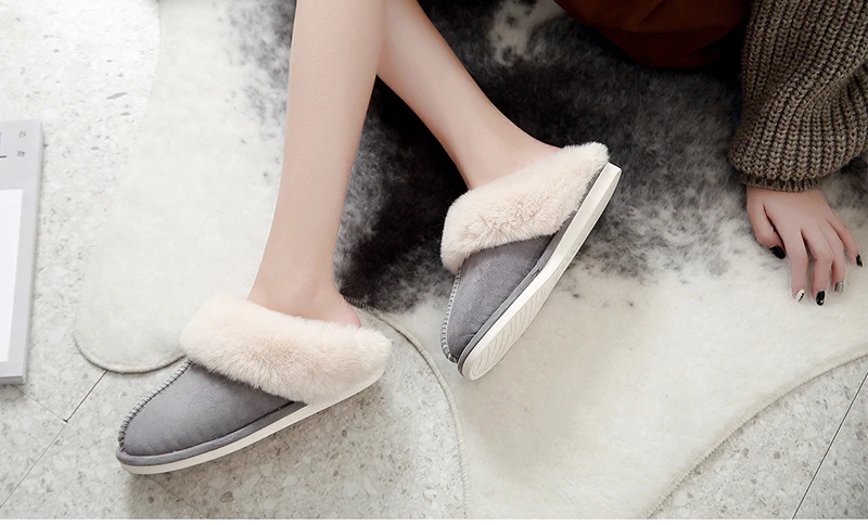 2025 Winter Warm Home Fur Slippers Women Luxury Faux Suede Plush Couple Cotton Shoes Indoor Bedroom Flat Heels Fluffy Slippers