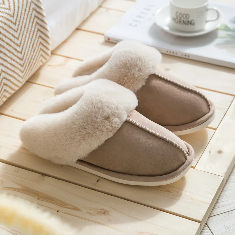 2025 Winter Warm Home Fur Slippers Women Luxury Faux Suede Plush Couple Cotton Shoes Indoor Bedroom Flat Heels Fluffy Slippers