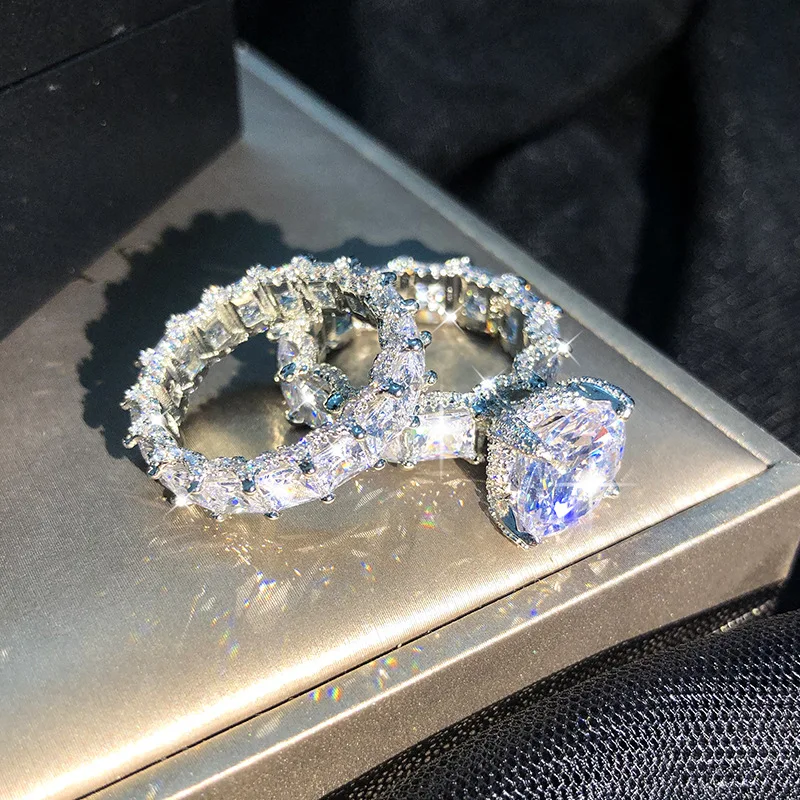 2021 NEW S925 Big Bling Zircon Stone Color Rings for Women Wedding Engagement Christmas Present Fashion Jewelry Wholesale