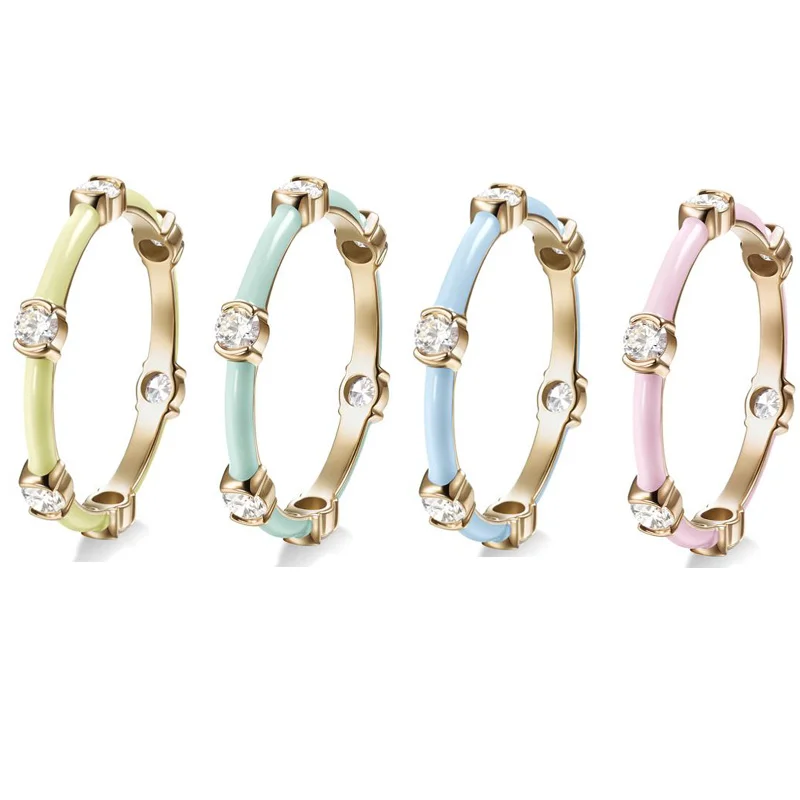 CZ Stacking Band Ring Gold Color Pastel Enamel Sparking Cubic Zirconia Eternty Rings