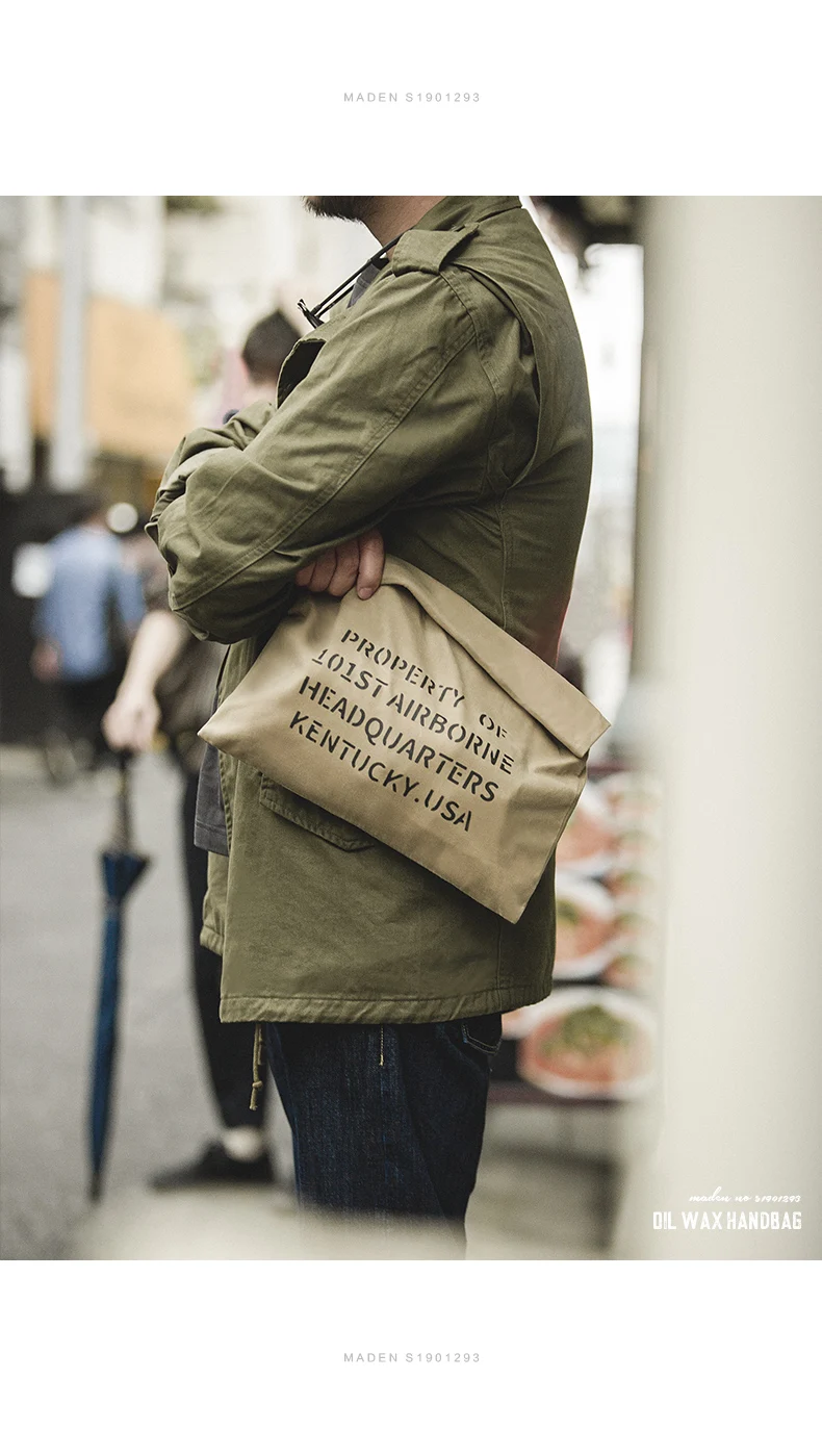 Maden Oil Wax Canvas Handbag Men's Vintage Handbags Khaki Print Purse Envelope Capacity Money Bag Magnetic Buckle Long Wallet