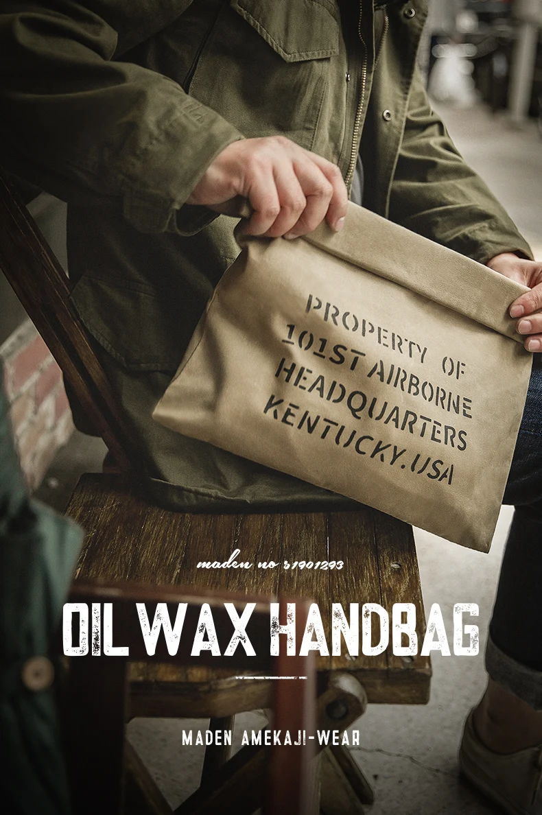 Maden Oil Wax Canvas Handbag Men's Vintage Handbags Khaki Print Purse Envelope Capacity Money Bag Magnetic Buckle Long Wallet