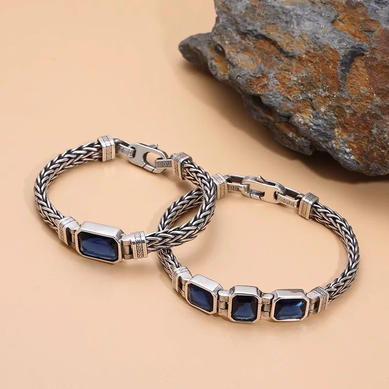 HX Silver Color Couple's Handmade Woven Bracelet Made Old 5MM Vintage Bracelet Men's Personalized Jewelry