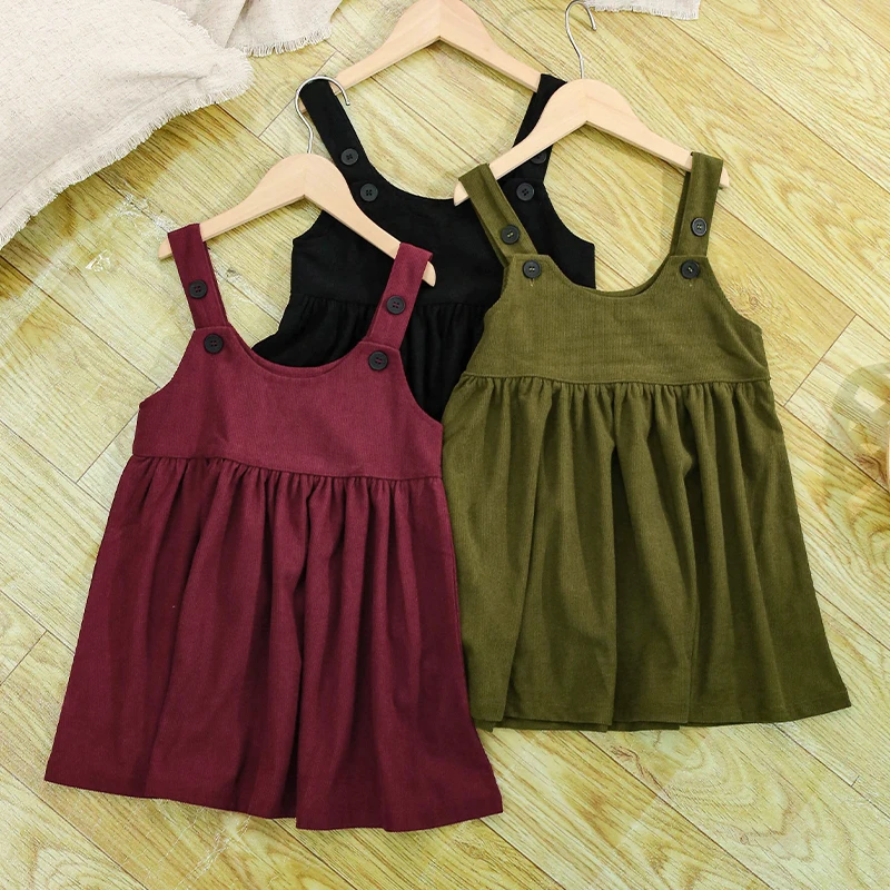 Girls Retro Corduroy Dress Autumn New Baby Kids Sleeveless Adjustable Straps Buttons Loose Sweet Princess Dresses TZ334