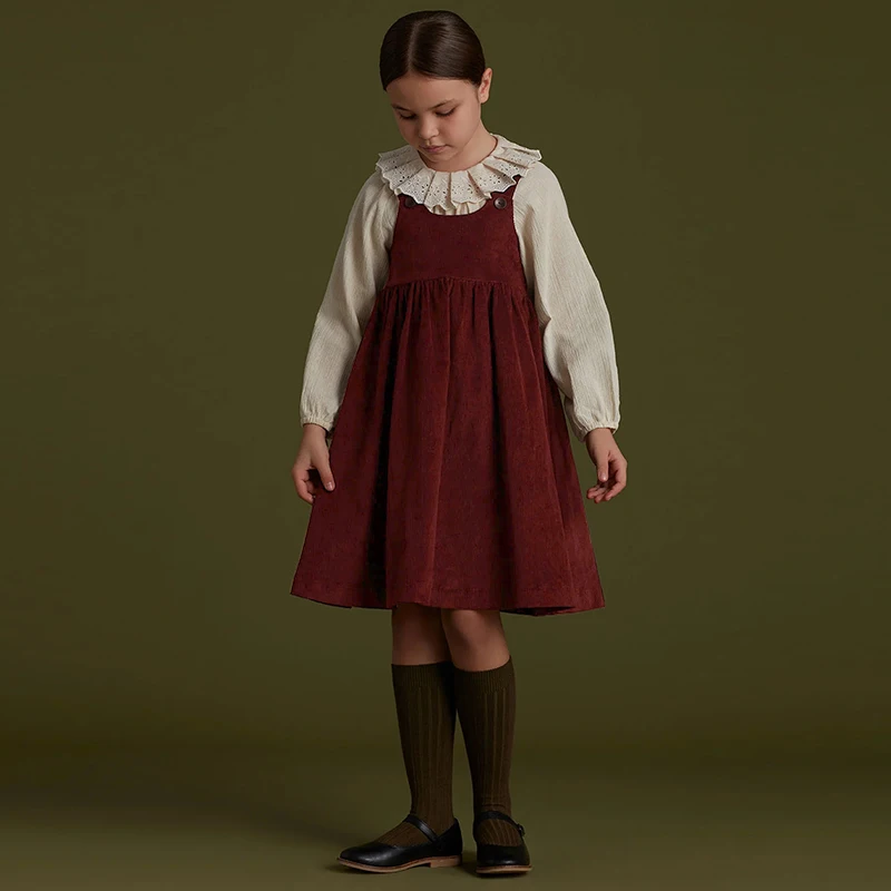 Girls Retro Corduroy Dress Autumn New Baby Kids Sleeveless Adjustable Straps Buttons Loose Sweet Princess Dresses TZ334