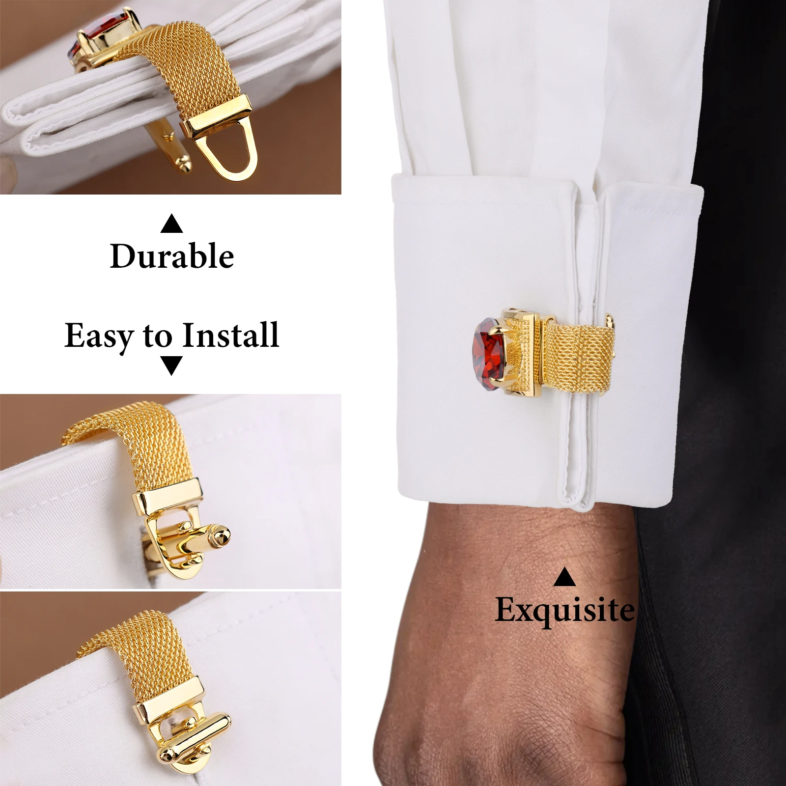 Men Birthstone Cufflinks Gold Mesh Chain Oval Crystal Zircon Cuff Links for French Shirt Birthday Gift for Men HAWSON