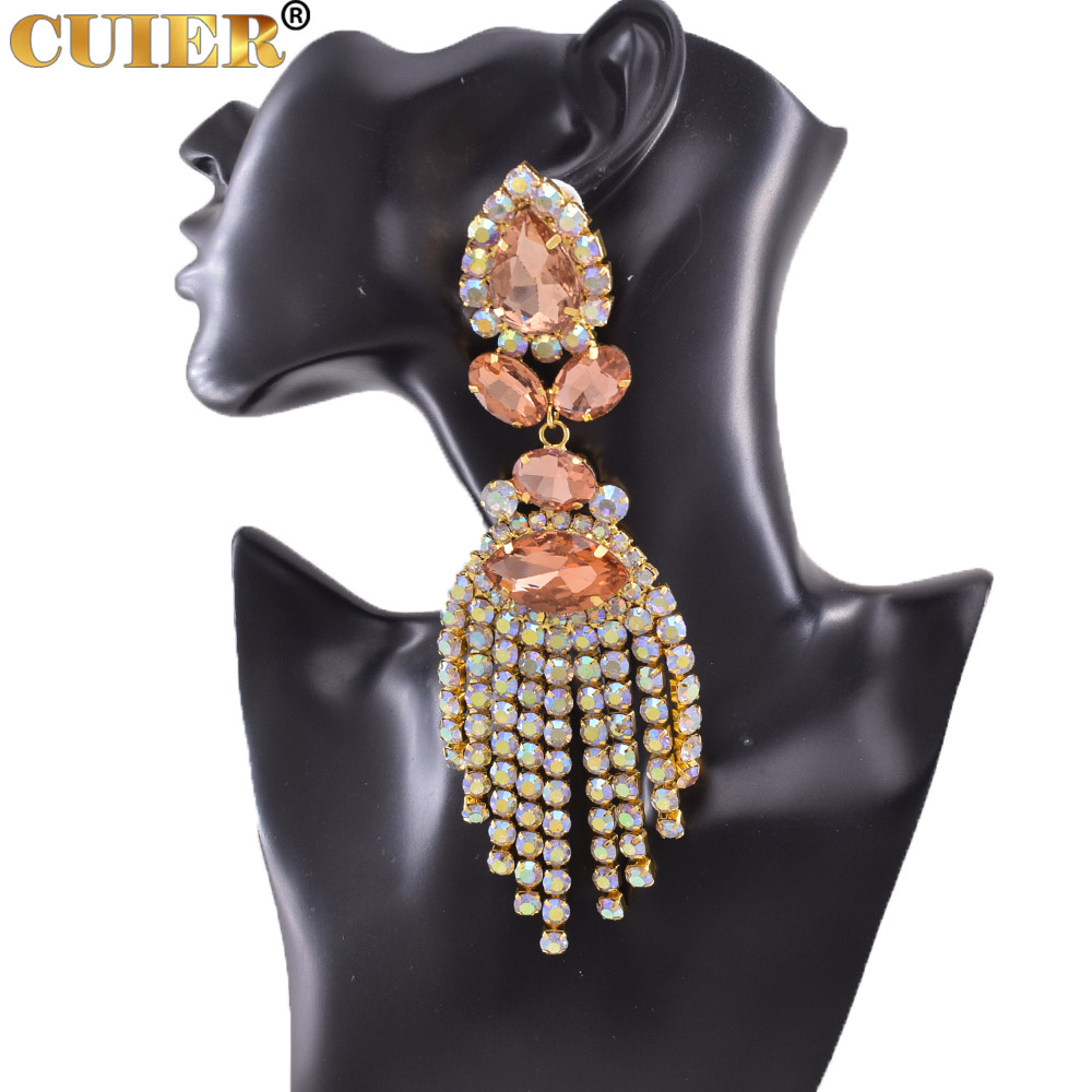 Rhinestones SS28 Dazzling17CM Long Tassel Clip on Earring for Women Jewelry Crystal AB Big Size Accessories for Drag Queen