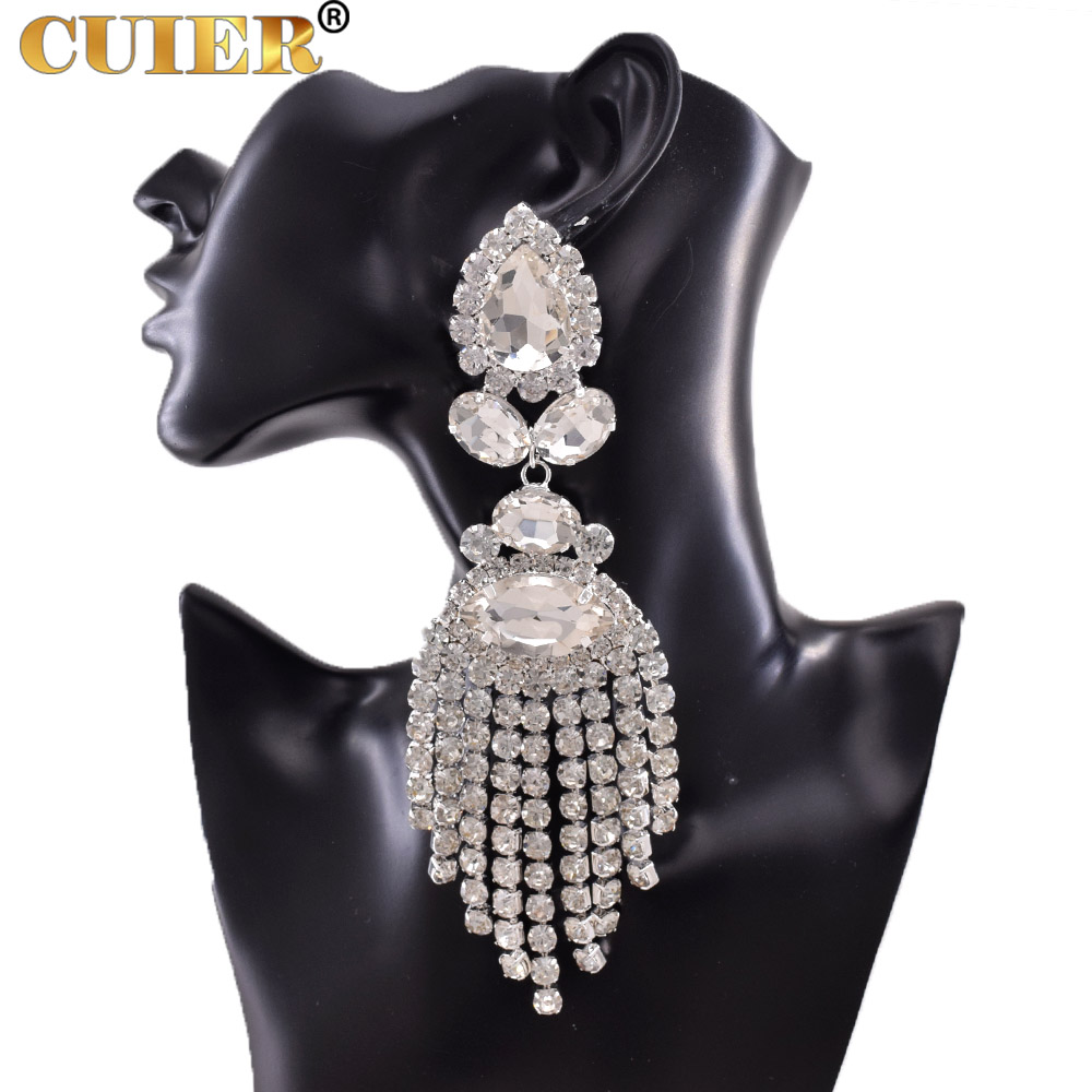 Rhinestones SS28 Dazzling17CM Long Tassel Clip on Earring for Women Jewelry Crystal AB Big Size Accessories for Drag Queen