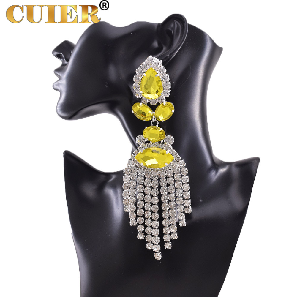 Rhinestones SS28 Dazzling17CM Long Tassel Clip on Earring for Women Jewelry Crystal AB Big Size Accessories for Drag Queen