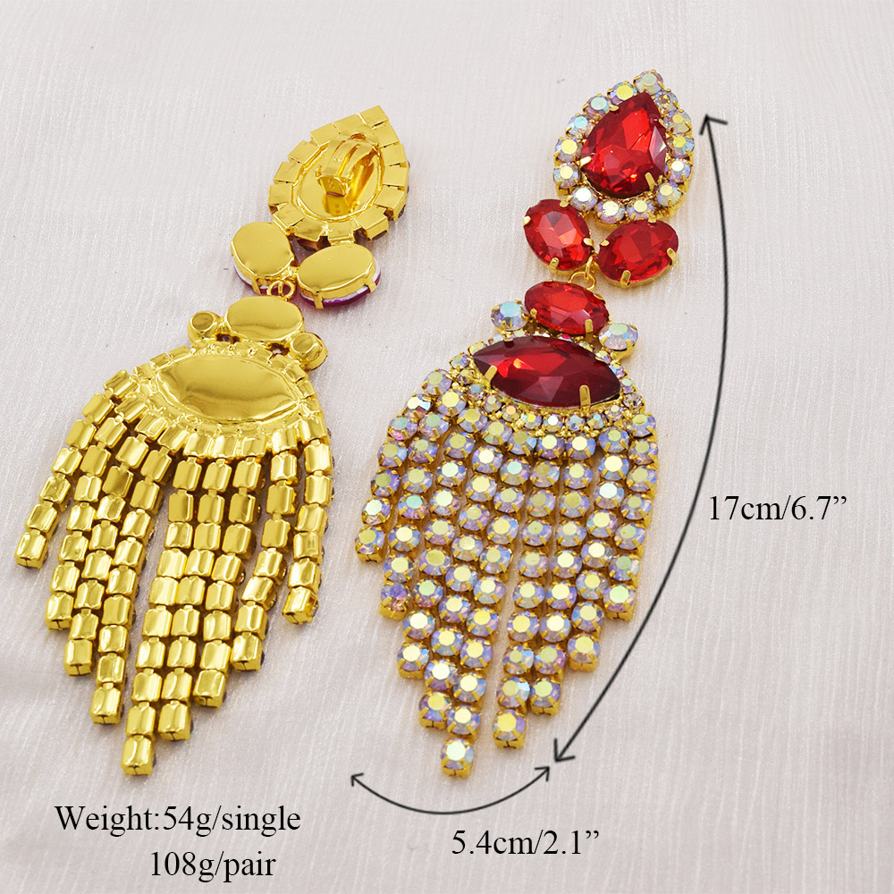 Rhinestones SS28 Dazzling17CM Long Tassel Clip on Earring for Women Jewelry Crystal AB Big Size Accessories for Drag Queen