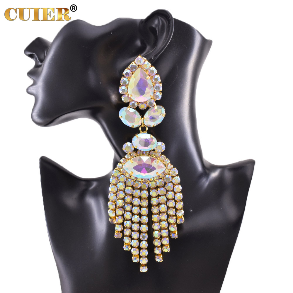Rhinestones SS28 Dazzling17CM Long Tassel Clip on Earring for Women Jewelry Crystal AB Big Size Accessories for Drag Queen