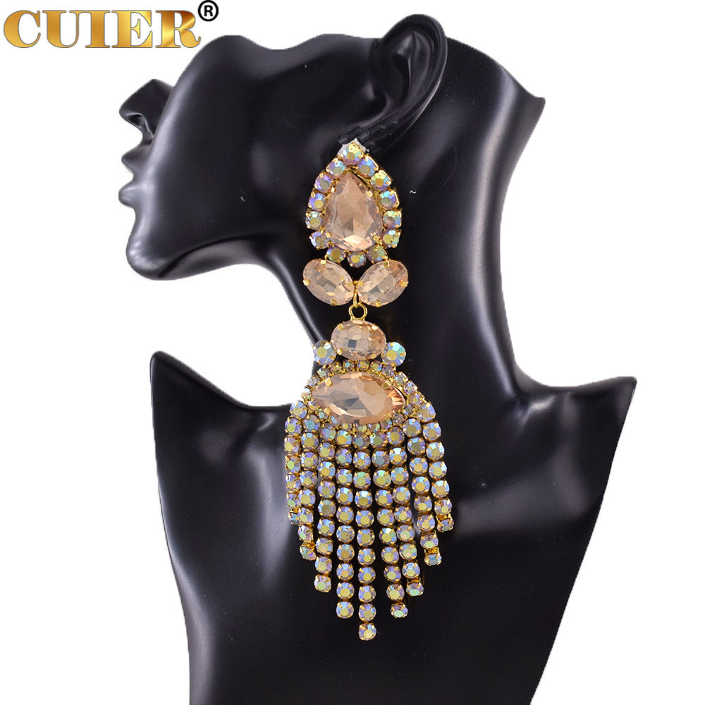Rhinestones SS28 Dazzling17CM Long Tassel Clip on Earring for Women Jewelry Crystal AB Big Size Accessories for Drag Queen