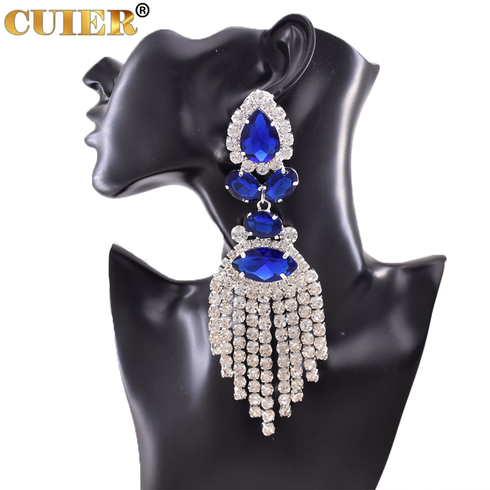 Rhinestones SS28 Dazzling17CM Long Tassel Clip on Earring for Women Jewelry Crystal AB Big Size Accessories for Drag Queen
