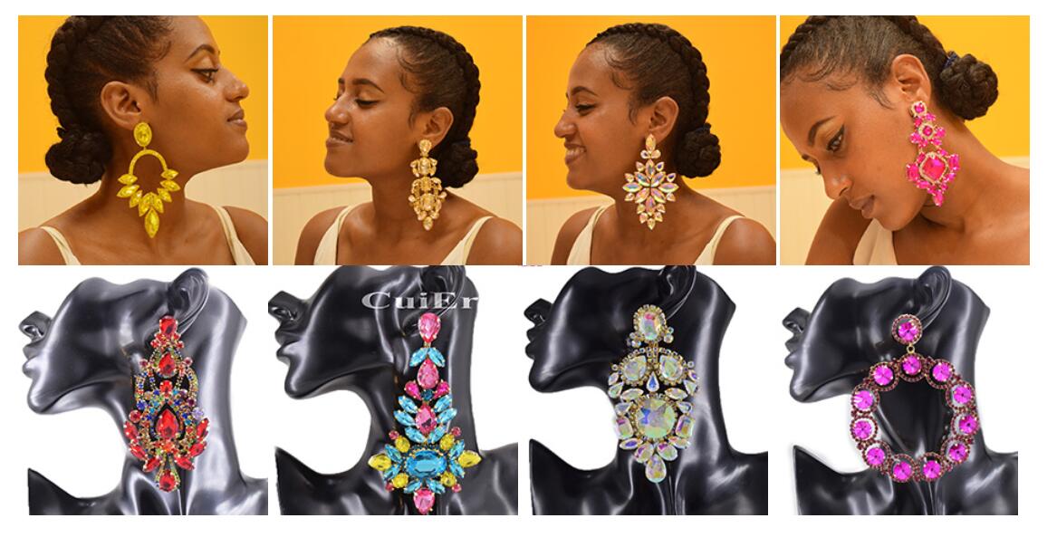 Rhinestones SS28 Dazzling17CM Long Tassel Clip on Earring for Women Jewelry Crystal AB Big Size Accessories for Drag Queen