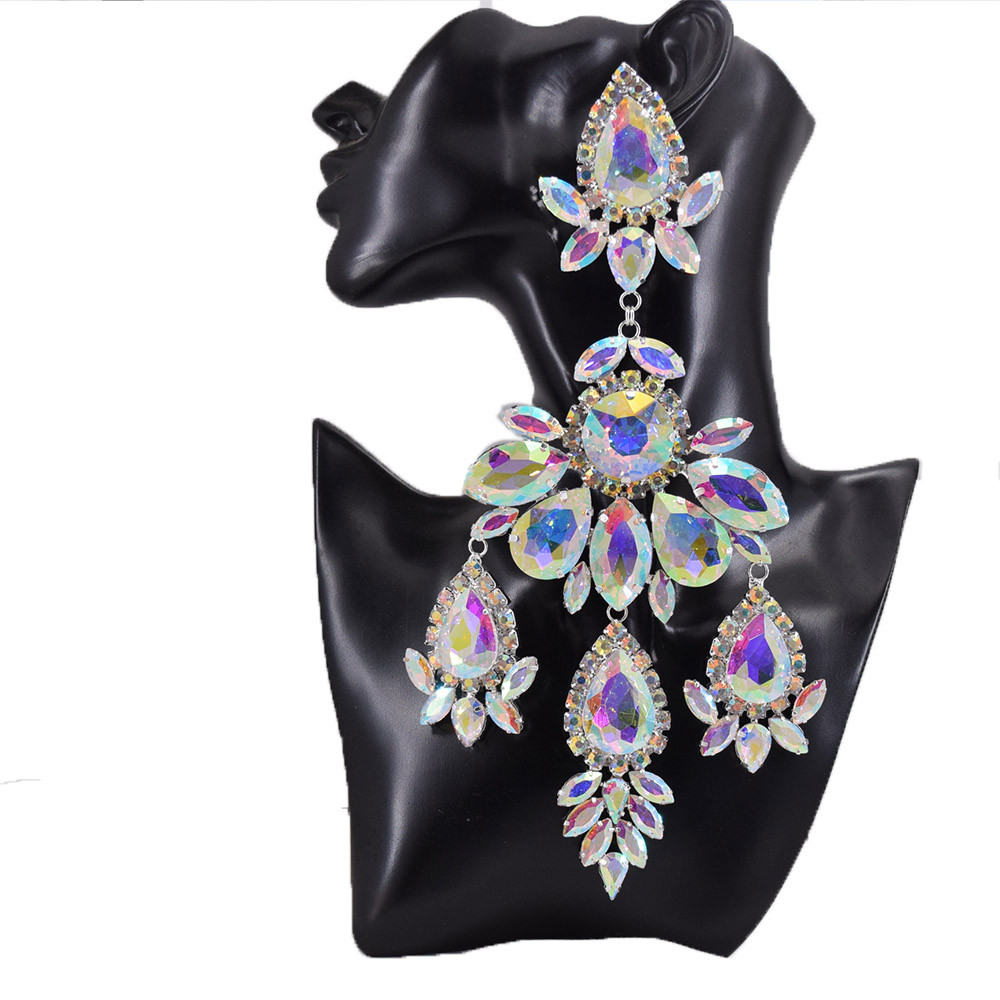 Rhinestones SS28 Dazzling17CM Long Tassel Clip on Earring for Women Jewelry Crystal AB Big Size Accessories for Drag Queen