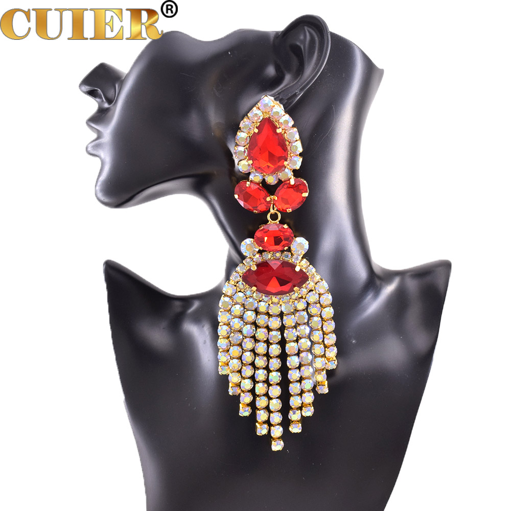 Rhinestones SS28 Dazzling17CM Long Tassel Clip on Earring for Women Jewelry Crystal AB Big Size Accessories for Drag Queen